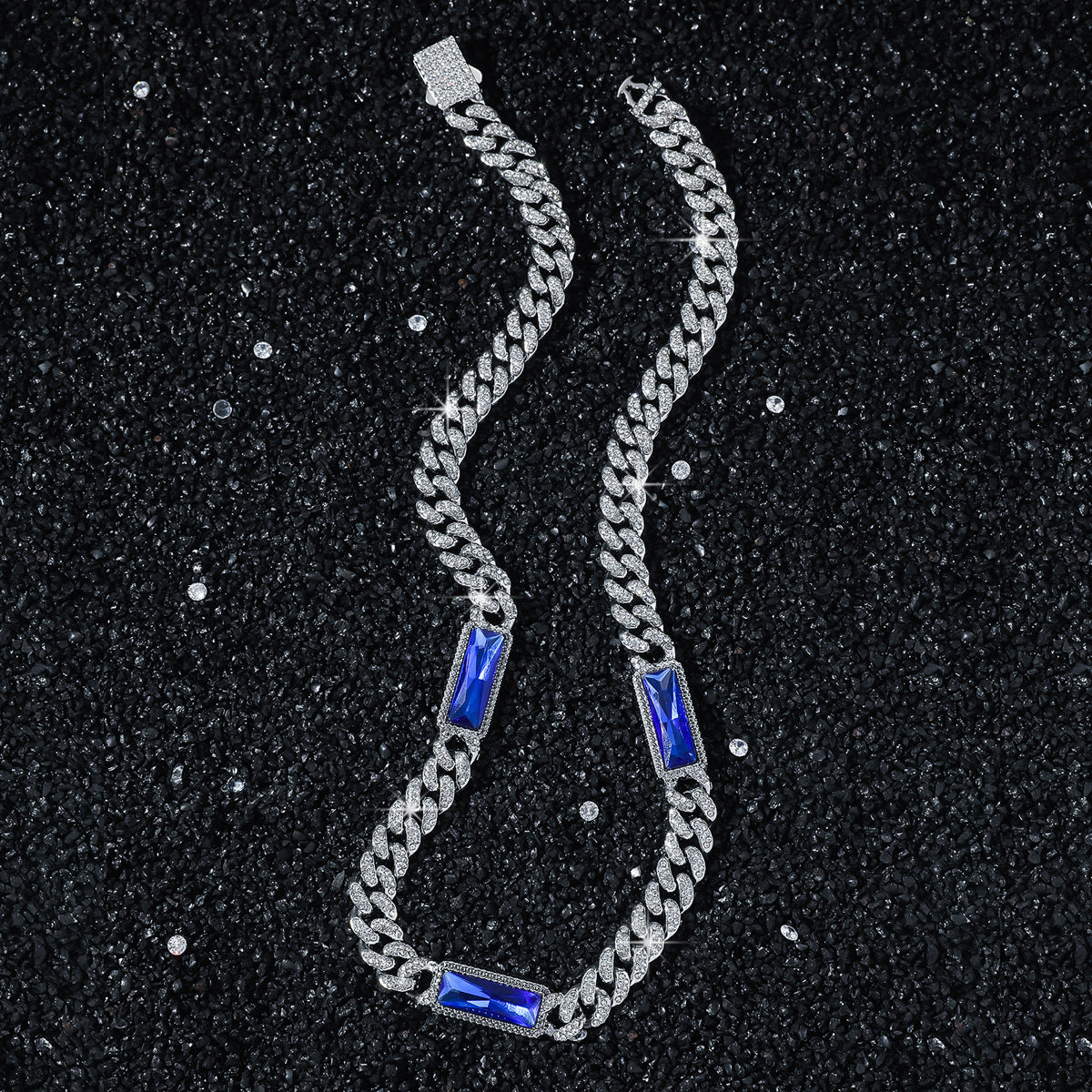 Blue Stone Iced Out Cuban Link Necklace