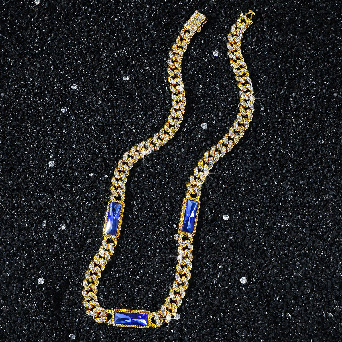 Blue Stone Iced Out Cuban Link Necklace