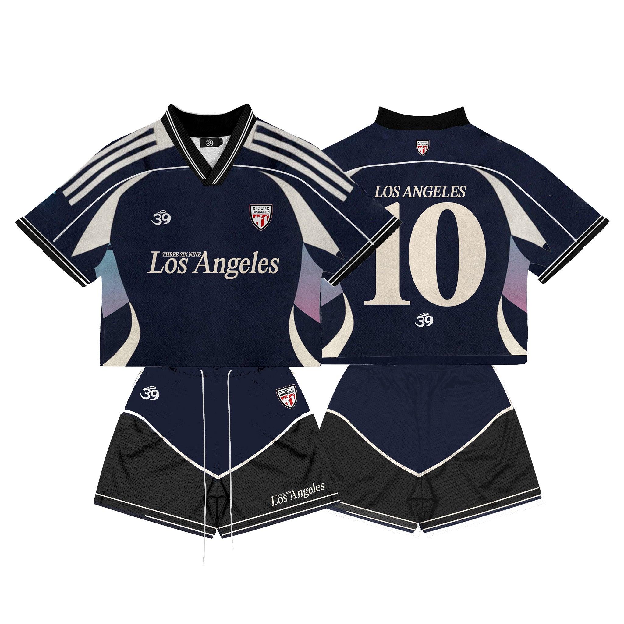 Navy Blue Beige Silky Football Jersey & Shorts Full Set