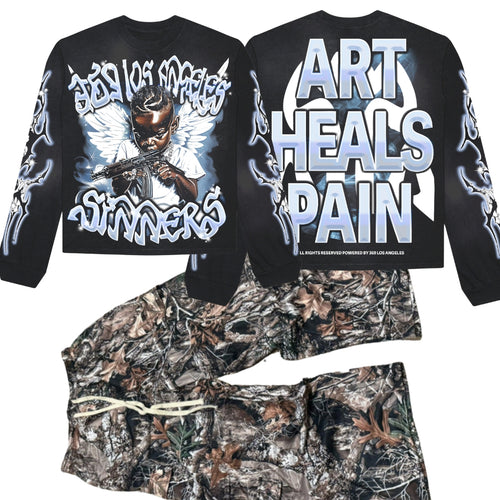 Art Heals Pain Long Sleeve T-Shirt & Woodland Camo Cargo Pants Full Set