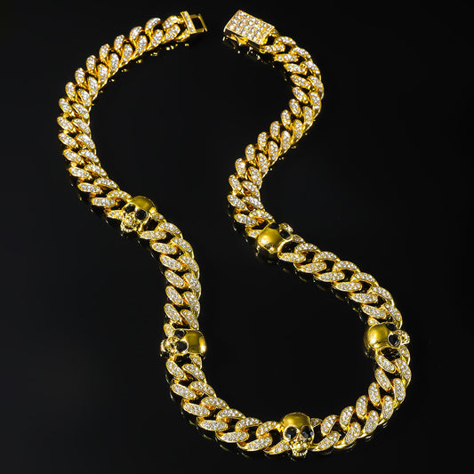 Skull Long Chain Iced Out Cuban Link Necklace