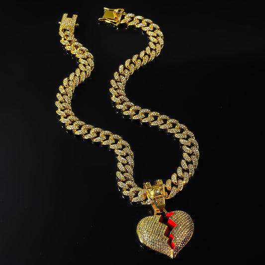 Big Heart Broken Iced Out Cuban Link Necklace
