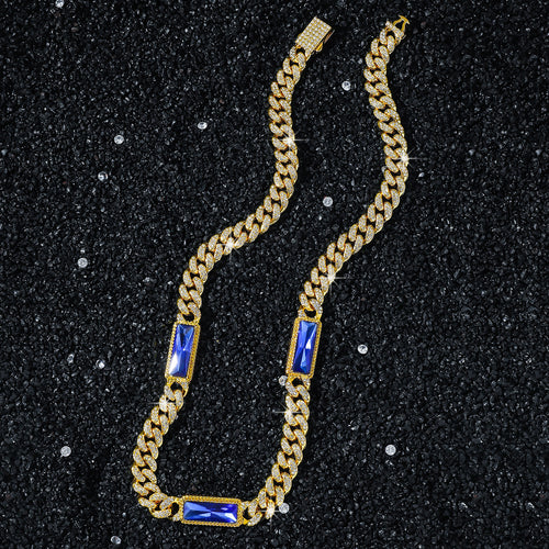 Blue Stone Iced Out Cuban Link Necklace