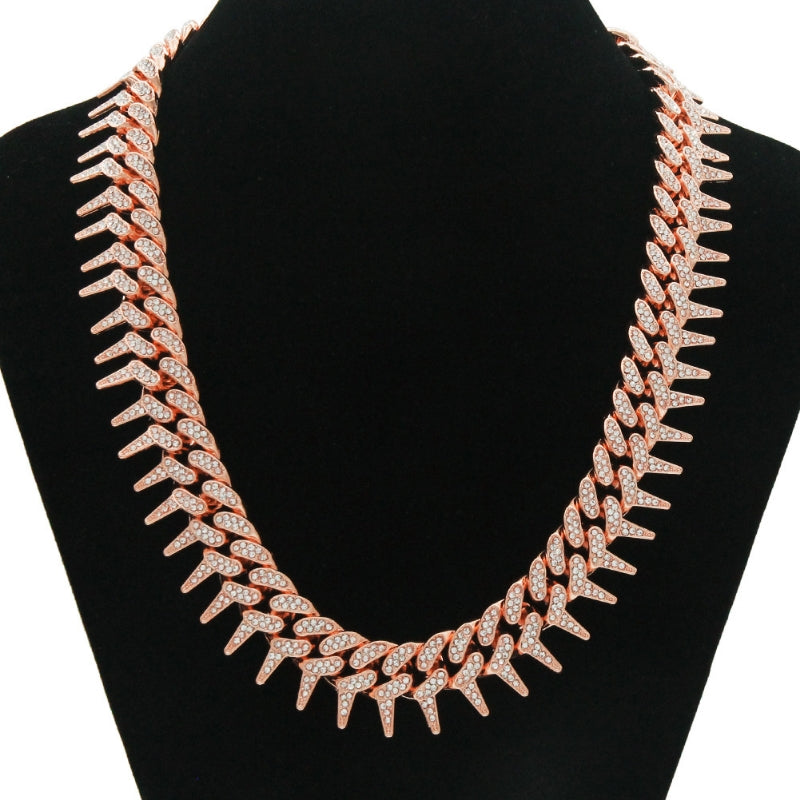 Rose Gold Iced Out Spike Cuban Link Necklace
